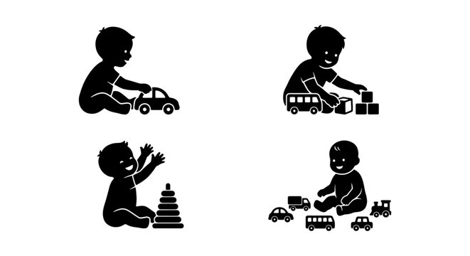 Childhood Play Icons: Baby with Toys, Building Blocks, Stacking Rings, Toy Cars, Vector Graphics for Kids Activities