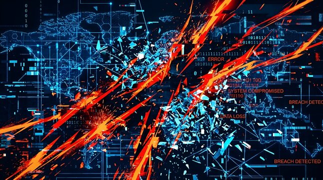 Abstract digital visualization of a cybersecurity breach with red lines tearing through a blue network