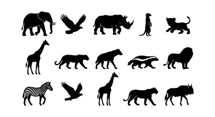 African Wildlife Silhouettes Collection, Safari Animals Vector Pack, Zoo Creatures Icons, Nature Fauna Graphics, Wild Mammals Set © Sazzad