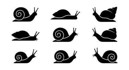 Set of 9 Black Snail Icons, Vector Silhouettes for Nature and Wildlife Graphics, Gastropod Collection © Sazzad