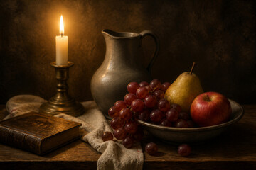 Still life with fruit and candle on wooden table © mila103