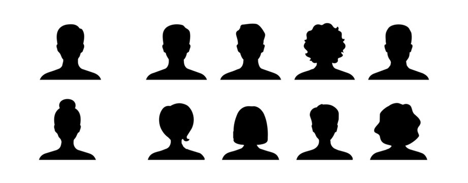 Set of ten avatar silhouette icons on a white background, with black profile shapes and hairstyle variation, isolated as a clean vector for account and user interface use.