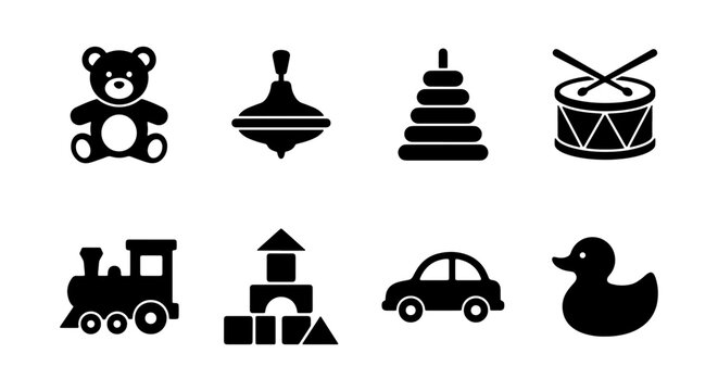 8 Classic Toy Icons Set, Vector Graphics: Teddy Bear, Spinning Top, Stacking Rings, Drum, Train, Blocks, Car, Rubber Duck