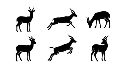 Fototapeta premium Gazelle Silhouettes Collection, Six Diverse Poses, African Wildlife Vector Icons, Elegant Animal Graphics for Design