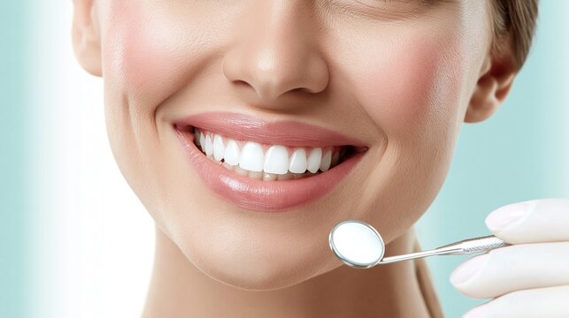 Smiling young woman with radiant white teeth and subtle cheek glow in medium shot dental mirror in hand set against a clean clinical background with aqua accents and bright highkey