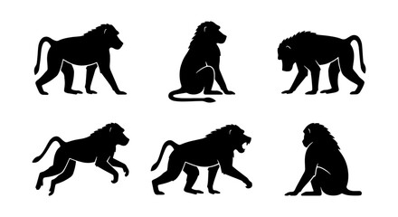Baboon Silhouettes Vector Set: Primate Poses, Wildlife Graphics, African Animal Icons, Black and White © Imran