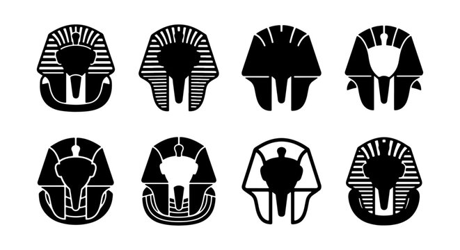 Egyptian Pharaoh Headdress Icons, Ancient King Symbols, Black Silhouette Vector Graphics, Historical Royalty Motifs