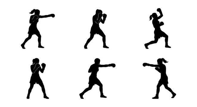 Female Boxer Silhouettes, Six Dynamic Poses, Martial Arts Action, Athletic Women, Combat Sport Graphics, Vector Illustration