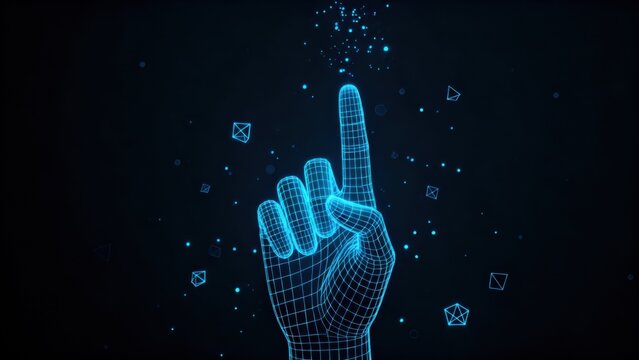 Blue wireframe hand pointing up