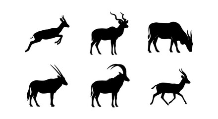 African Antelope Silhouettes Collection, Wildlife Vector Icons, Safari Animals Set, Grazing and Running Poses © Shamima