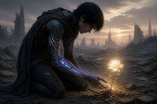 Kneeling cyborg tending glowing flower in desolate wasteland