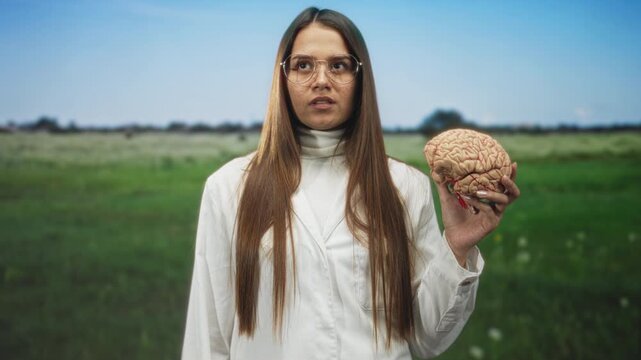 Woman wearing white lab coat and glasses holding an anatomical brain model in her right hand, neutral expression, long brunette hair posed in a studio field backdrop; curiosity science education.