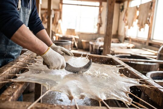 Craftsman using a curved scraping tool to clean a stretched raw animal hide on a wooden frame