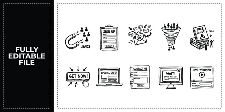 Black ink scribble magnetic energy and creative thinking icon bundle set featuring hand drawn doodle sketch vector illustrations for science lab and innovation workshop art.