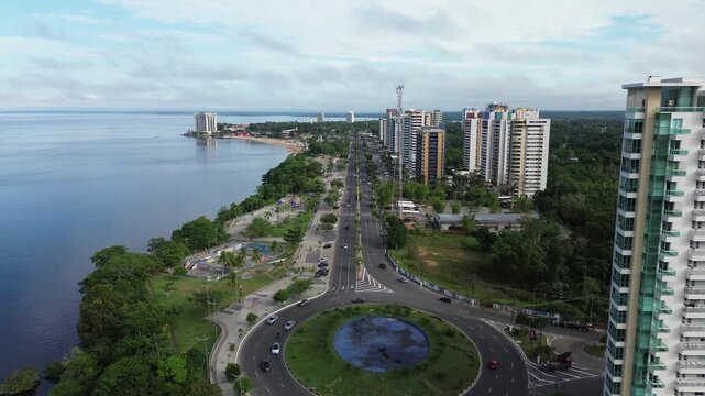Aerial Panorama of Ponta Negra Waterfront and Rio Negro in Manaus, Brazil