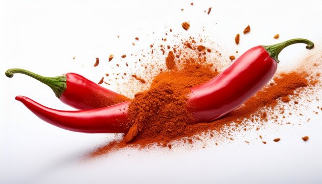 two vibrant red chili peppers exploding into burst of spicy powder showcasing dynamic motion and bold colors against clean isolated on a white or white background