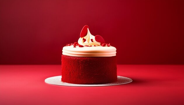 minimalistic small red velvet birthday cake on a vibrant red background generative ai
