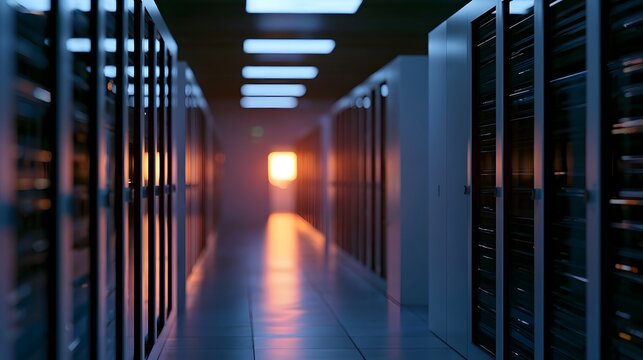 A long modern corridor within a dimly lit data center showcasing rows of server racks receding into the distance with soft ambient light