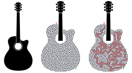 Naklejka premium Guitar shaped maze puzzle with solution