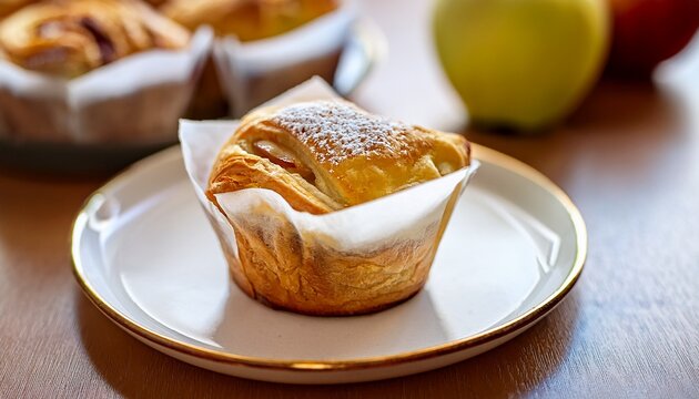 apple strudel muffin in white paper liner on a plate on a table