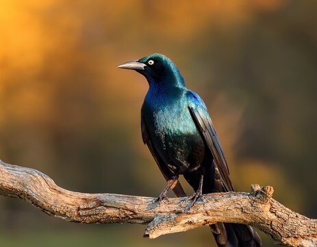 common grackle bird adult resting on a branch with natural light