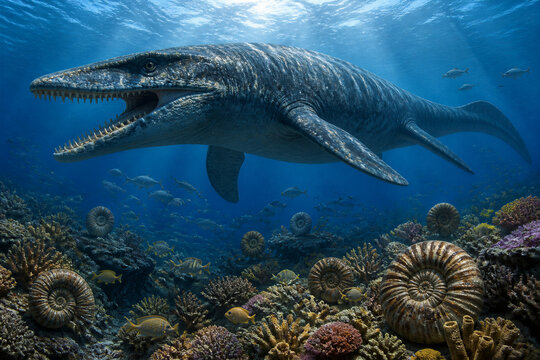 Mosasaur swimming among coral reef with ammonites nearby