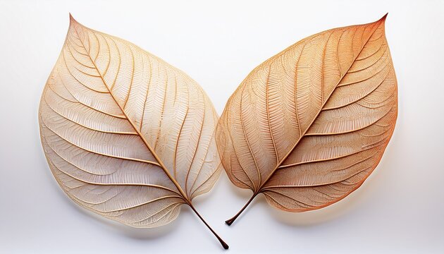 two delicate skeleton leaves show intricate vein patterns in warm earthy tones against clean isolated on a white or white background