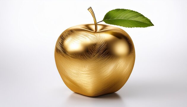 golden apple with shiny texture and green leaf attached to stem symbolizing luxury and freshness isolated on a white or white background