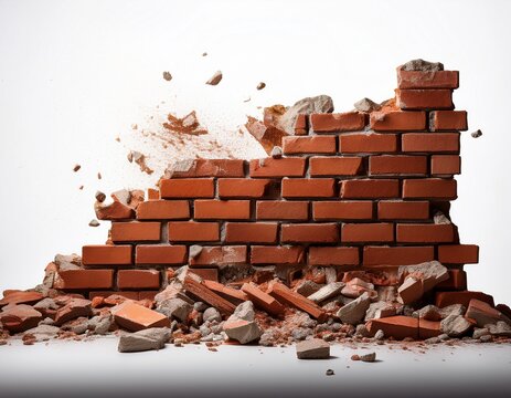 partial brick wall destruction with scattered rubble pile on white backdrop