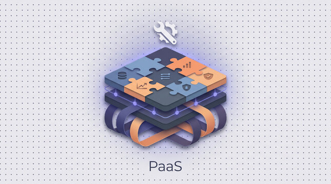 PaaS Platform as a Service &ndash; Minimalist Paper Cutout Vector Illustration with Layered Platform Block, Puzzle Components & Developer Tool Icon
