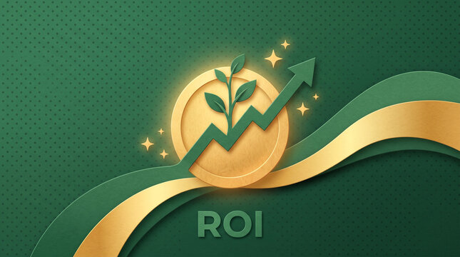 ROI Return on Investment &ndash; Minimalist Paper Cutout Vector Illustration with Stylized Coin, Sprouting Plant & Upward Graph Line