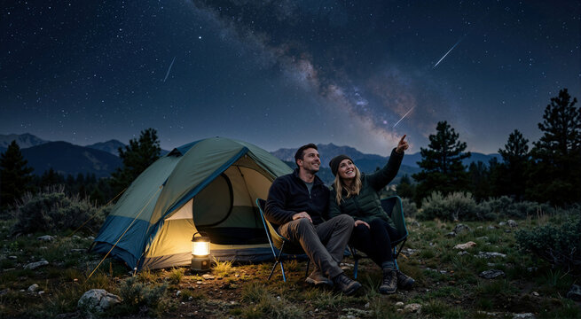 Camping under the Milky Way and Perseid meteor shower. Couple sitting by a tent looking at shooting stars in the night sky. Outdoor adventure and stargazing concept