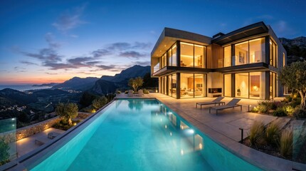 Fototapeta premium Panoramic view of a luxury villa with infinity pool in the mountains by the coast.