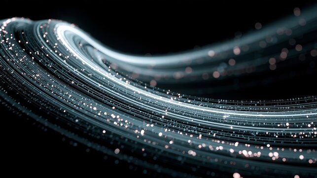 Abstract digital data stream featuring glowing binary code particles flowing through a dark cinematic space