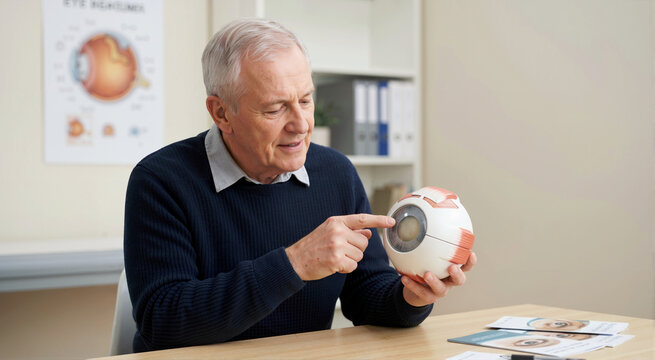 Senior man holding anatomical model of human eye in clinic. Elderly patient learning about cataract development and lens opacity