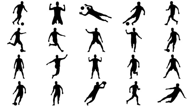 Soccer players in various action poses isolated on transparent background, Vector