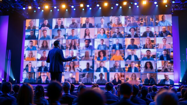 Speaker addresses audience during a large-scale video conference event on screen