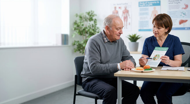 Elderly man receiving nutritional counseling from healthcare professional. Senior male getting dietary support for cancer cachexia prevention in clinic. Geriatric oncology care concept