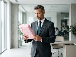 Fototapeta premium Mature businessman in suit looking confused while holding a pink towel in a modern office