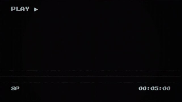 VHS tape playback screen with glitch effect and timecode counter, vintage analog video overlay 4k video