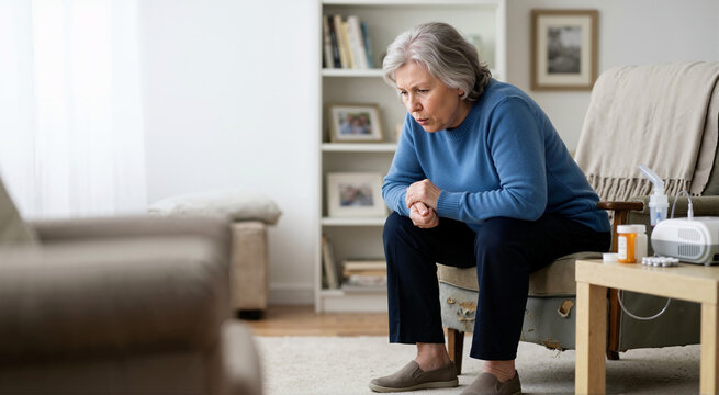 Elderly woman leaning forward in tripod position to relieve shortness of breath. Senior female patient suffering from COPD exacerbation or respiratory distress at home