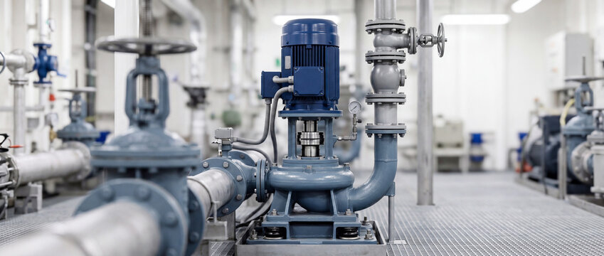 Industrial centrifugal pump and piping system in the engine room of a modern commercial vessel