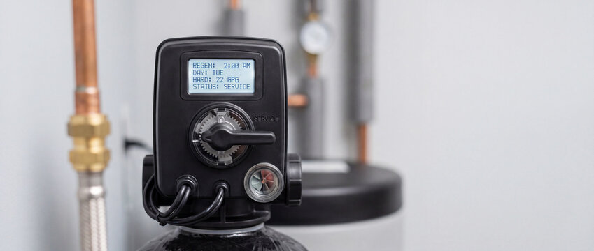 Home water softener control valve with digital display and copper plumbing in utility room