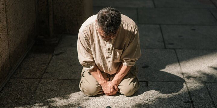 Photo of man kneeling and bowing to worship his god