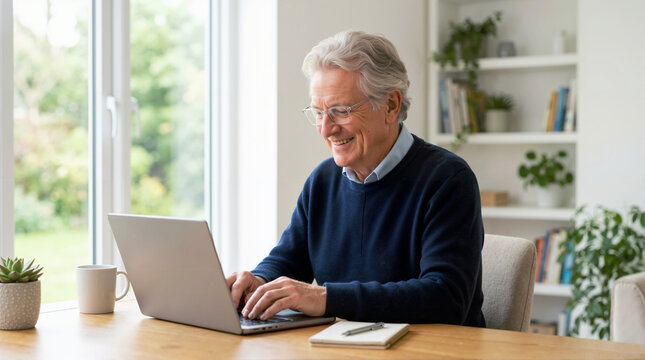 Senior man using laptop at home table. Smiling elderly male typing on computer in bright living room with garden view