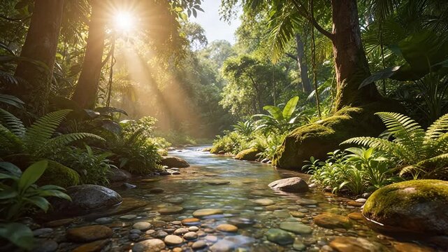 Sunlit stream in lush forest