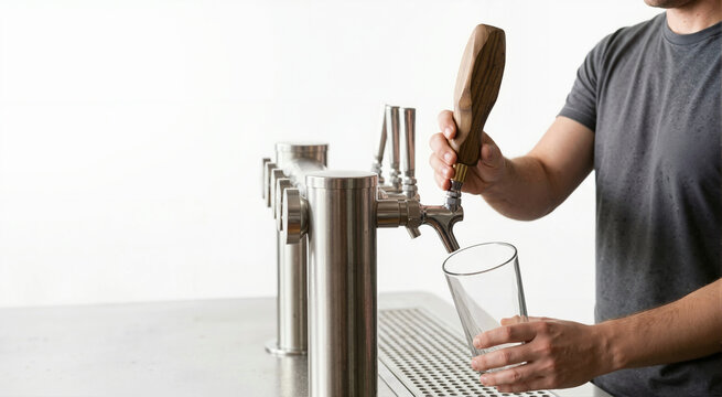 Bartender pouring draft beer from a stainless steel tap. Close up of hand pulling wooden tap handle into a glass. International beer day concept