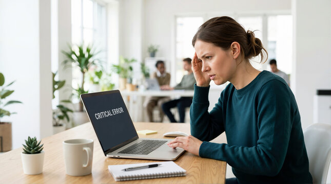 Stressed businesswoman looking at laptop showing critical error. Frustrated woman with headache facing computer problem in office. Technical issue and stress concept