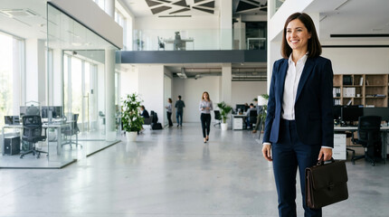Fototapeta premium Confident female job candidate with briefcase standing in modern office. Professional young woman in business suit. Career and employment concept