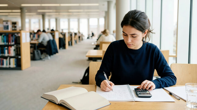 Female finance student studying in a university library. Focused young woman writing in notebook and using calculator at a desk. Higher education and academic learning concept